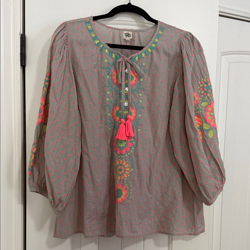 ivy jane Gray Tunic with Neon Pink & Lime Floral Embroidery